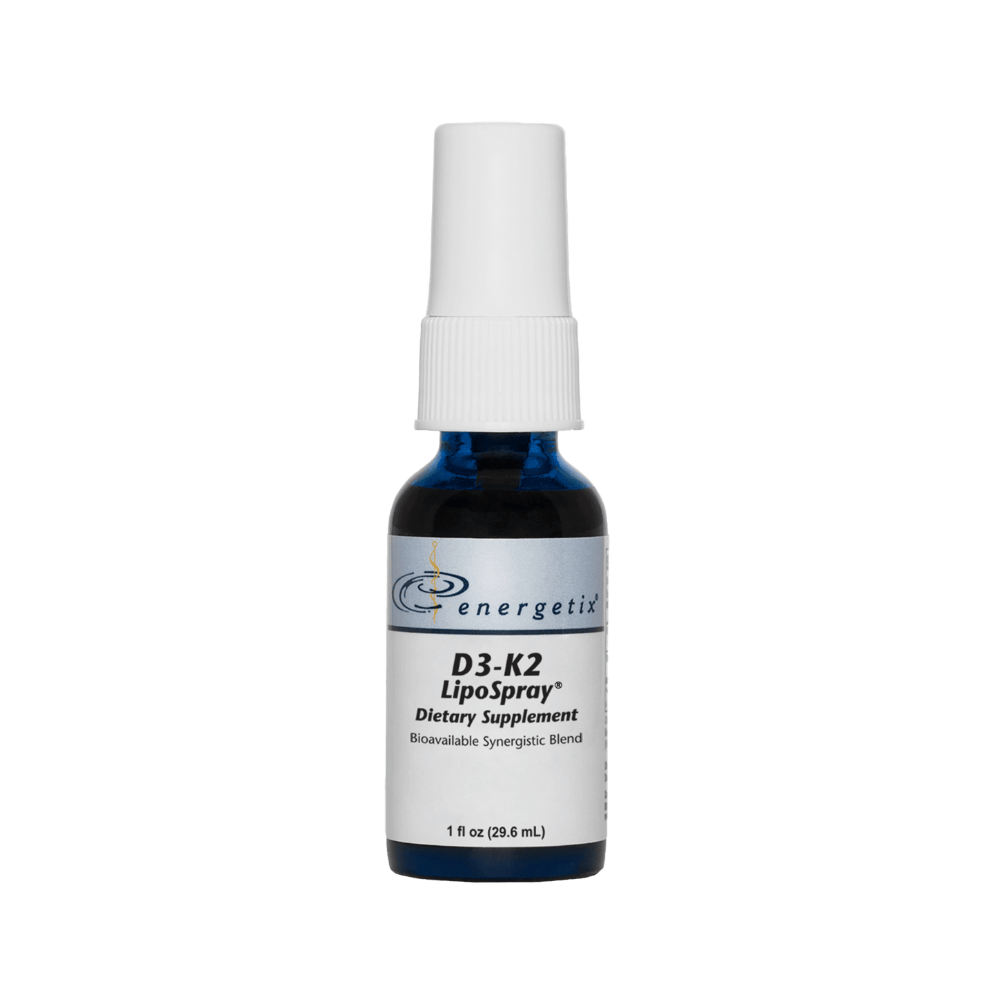 Image of a white bottle containing "D3-K2 LipoSpray" dietary supplement by Energetix.
