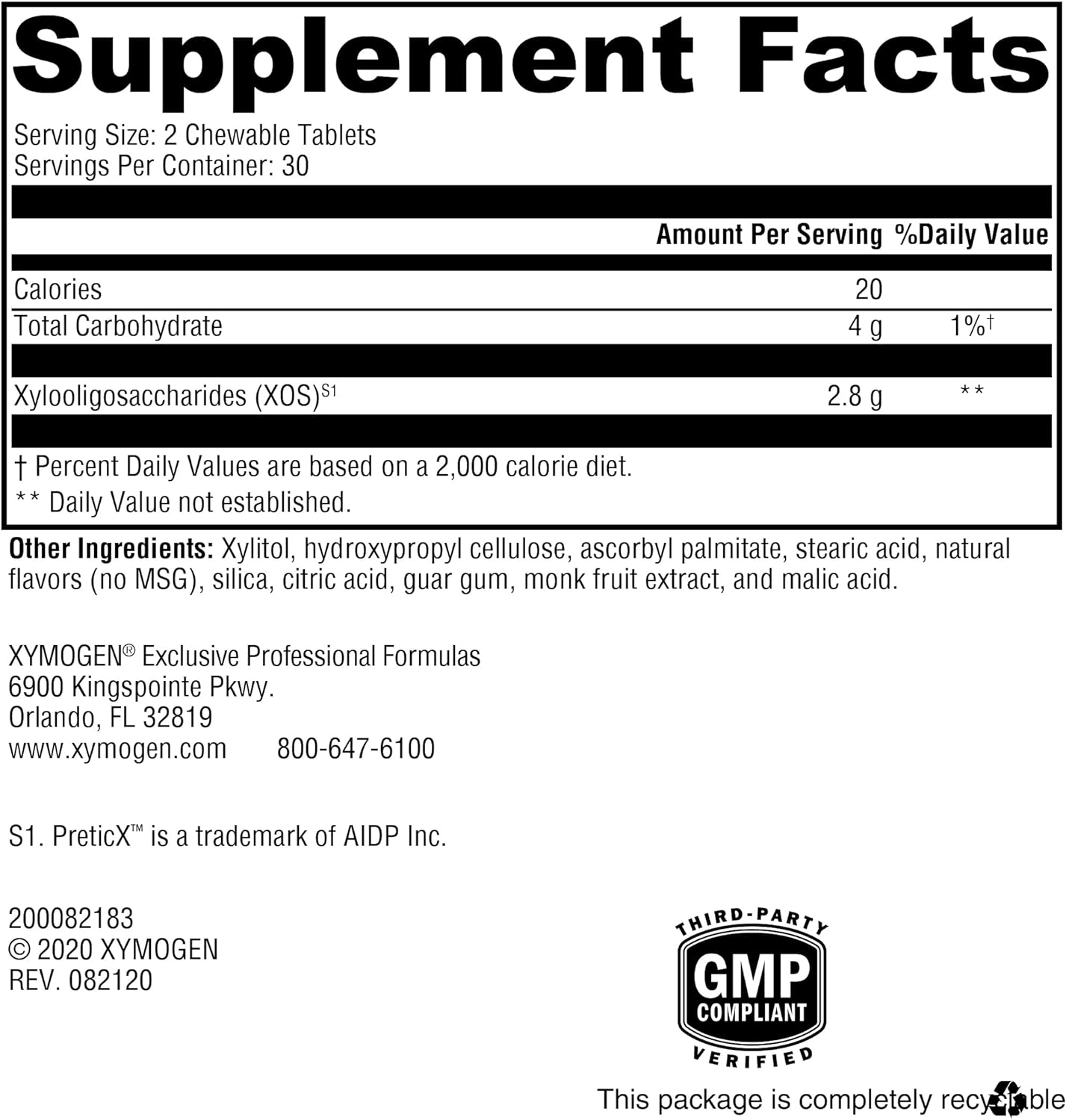Xymogen PrebioMax Chewable Tablets