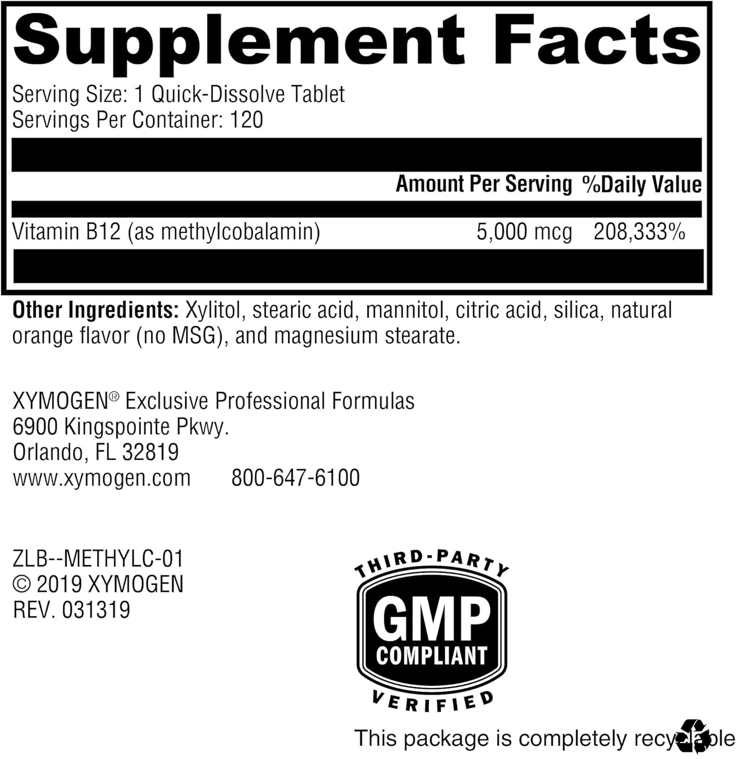 Xymogen Methylcobalamin Tablets
