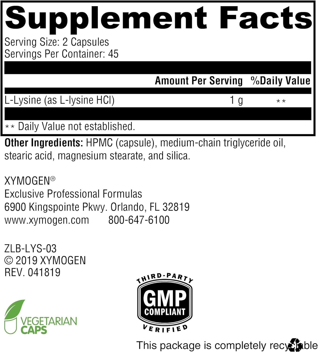 Xymogen L-Lysine Capsules
