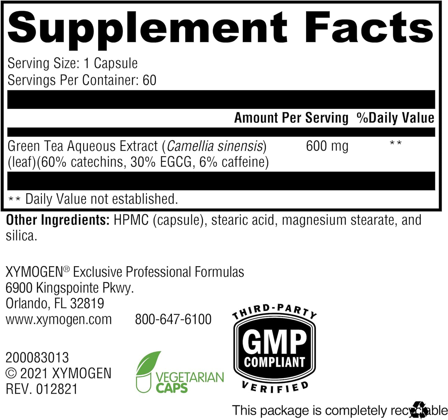 Xymogen Green Tea 600 Capsules