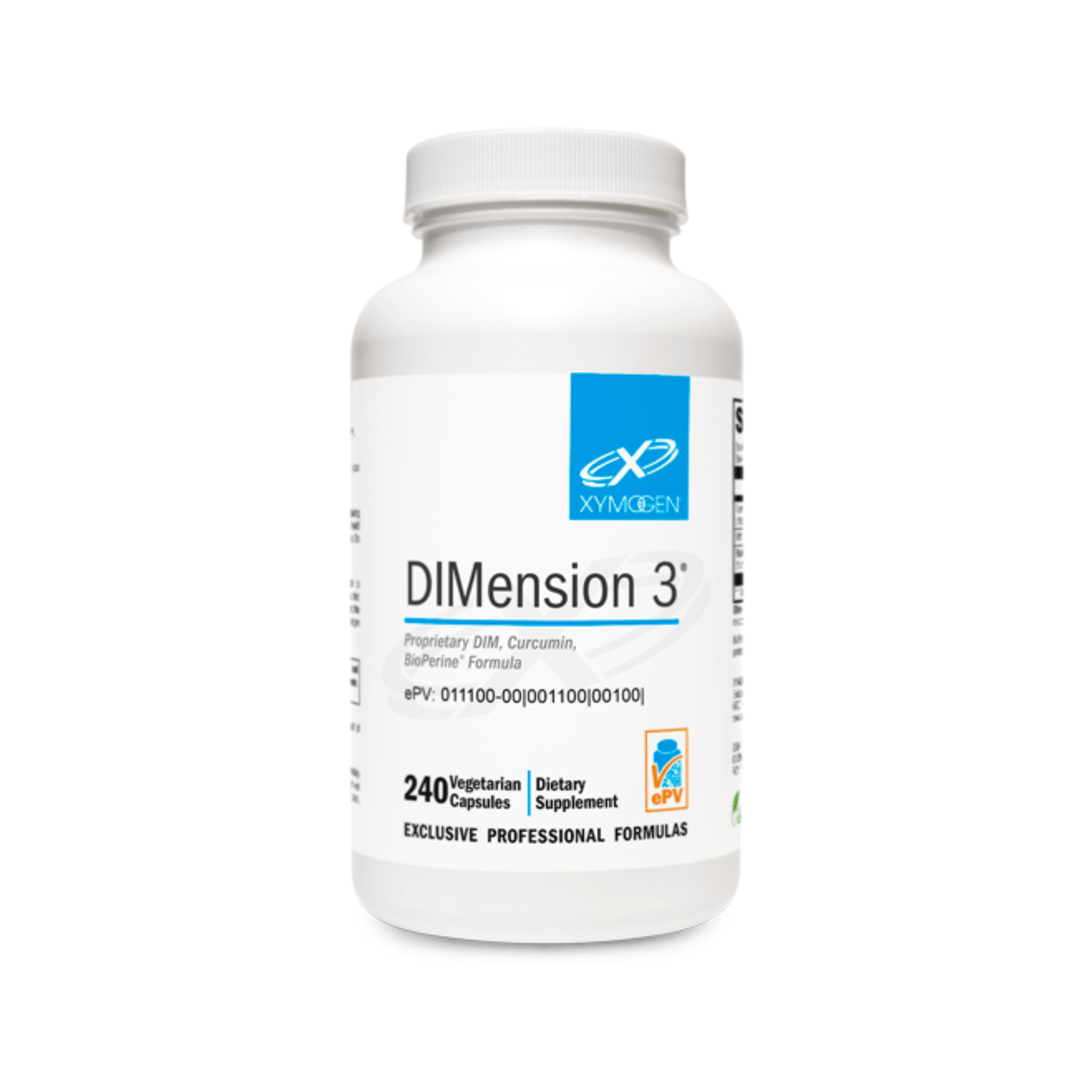 Supplement bottle featuring DiMension 3 proprietary formula with Curcumin and BioPerine.