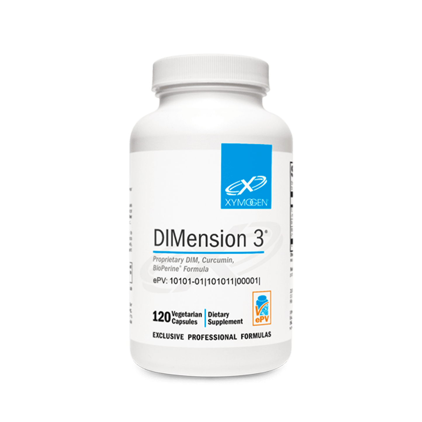 Supplement bottle featuring DiMension 3 proprietary formula with Curcumin and BioPerine.