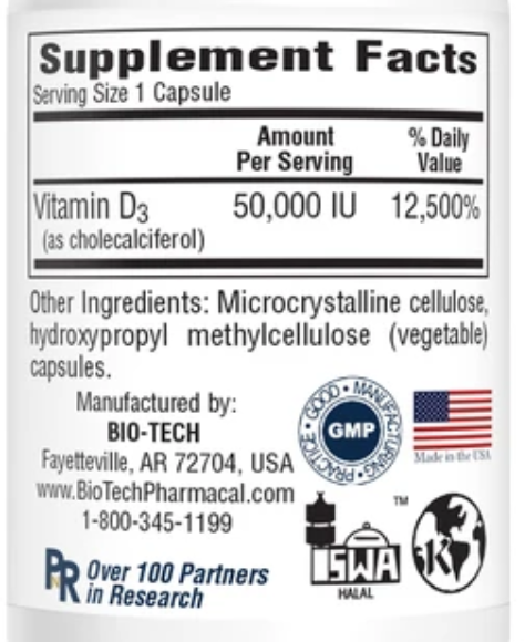 BioTech D3-50 Cholecalciferol Capsules 3