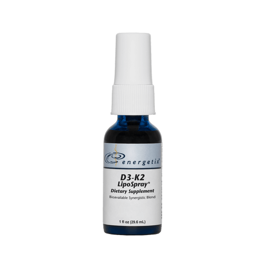 Image of a white bottle containing "D3-K2 LipoSpray" dietary supplement by Energetix.