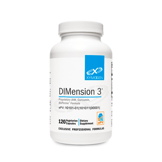 Supplement bottle featuring DiMension 3 proprietary formula with Curcumin and BioPerine.
