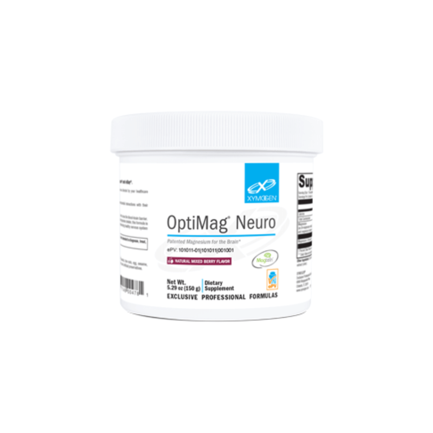 Image of a white bottle labeled "OptIMag Neuro" dietary supplement by XymogenXymogen Optimag Neuro Powder
