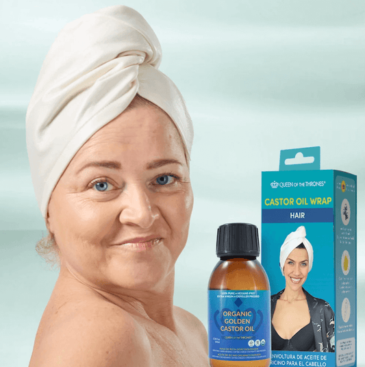 Image of woman wearing castor oil wrap on head with organic castor oil