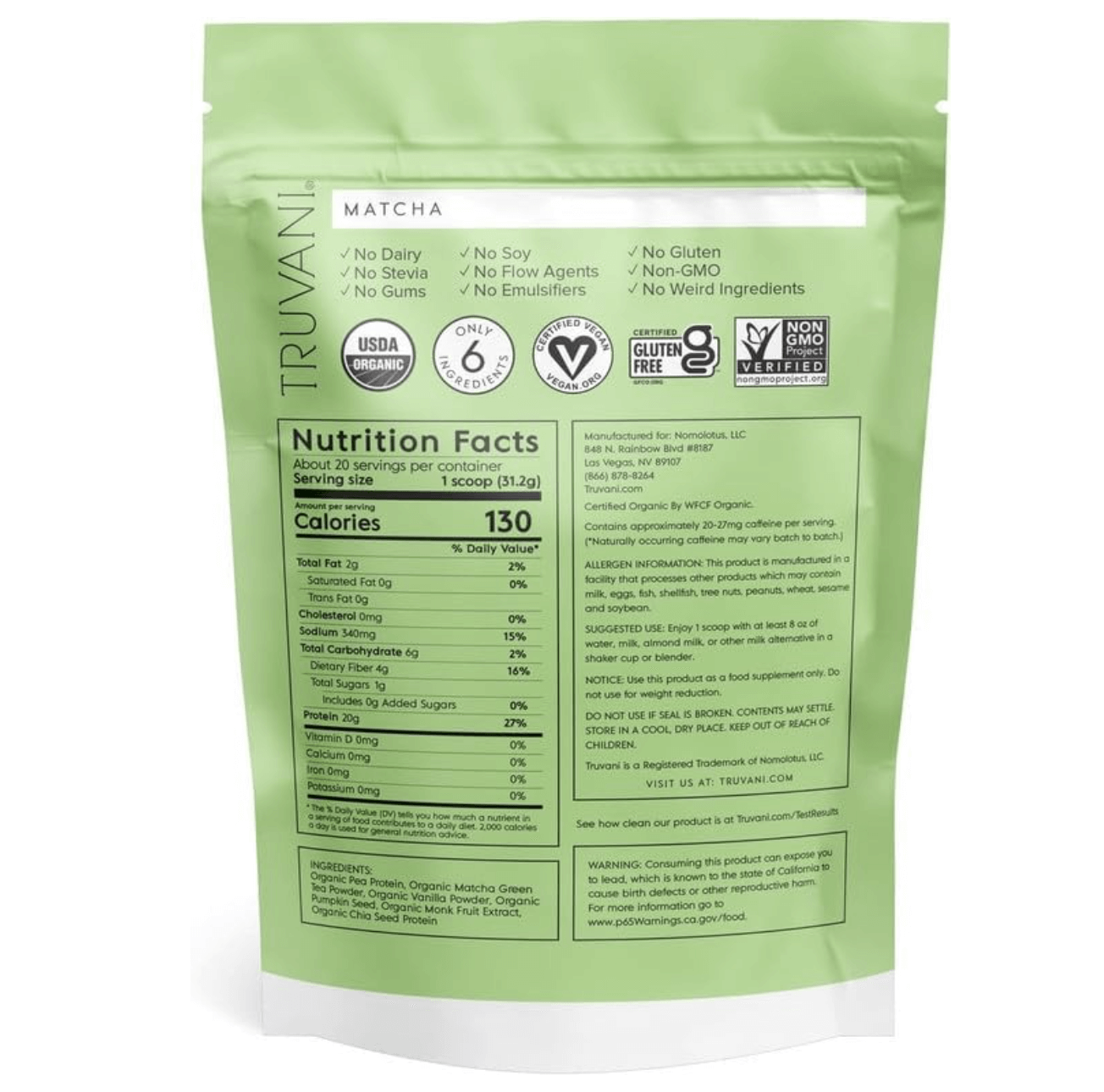 Truvani Plant Based Protein Powder - Matcha